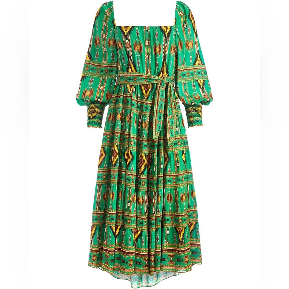 Alice & Olivia Emerald Ikat Rowen Tiered High Low Midi Dress